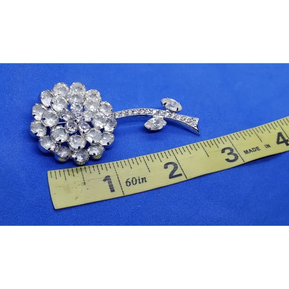 Vintage Signed Weiss Brooch Clear Rhinestone Flower Rose Long Stem Leaves